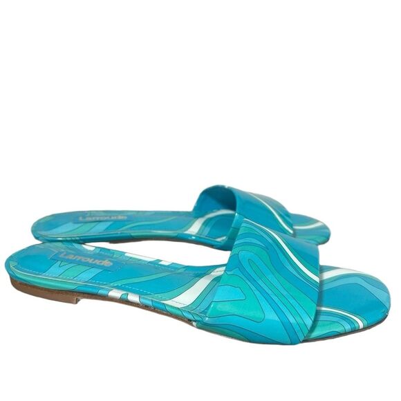 Larroude Ivy Flat Slide Mule Sandal 6.5 Wavy Print Patent Bright Turquoise Blue - Picture 2 of 7